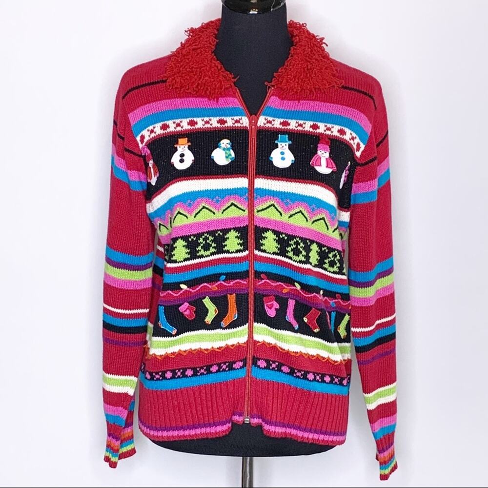 Karen Scott Sport red black fringe snowman holiday cardigan size Medium‎ Petite